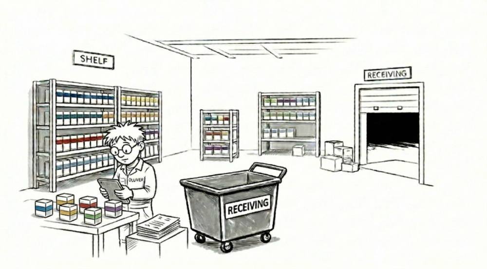 Olliver sorting context capsules in the warehouse — Shelf with organized capsules on the left, Receiving dock on the right, drafts table in the center