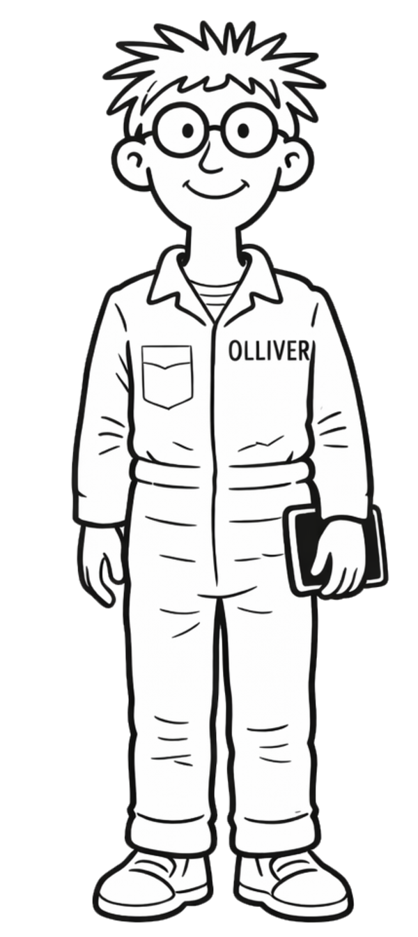 Olliver — a friendly warehouse worker character wearing overalls and glasses, holding a tablet