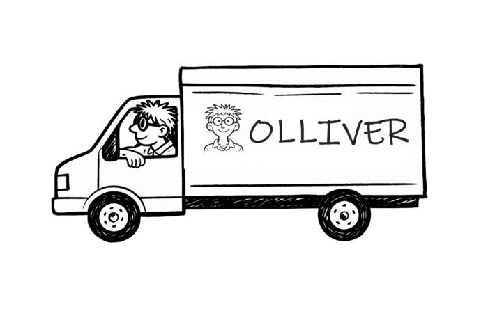 Olliver driving a delivery truck with the Olliver logo on the side